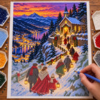 Hand placing diamond drills on the snowy hill chapel procession canvas