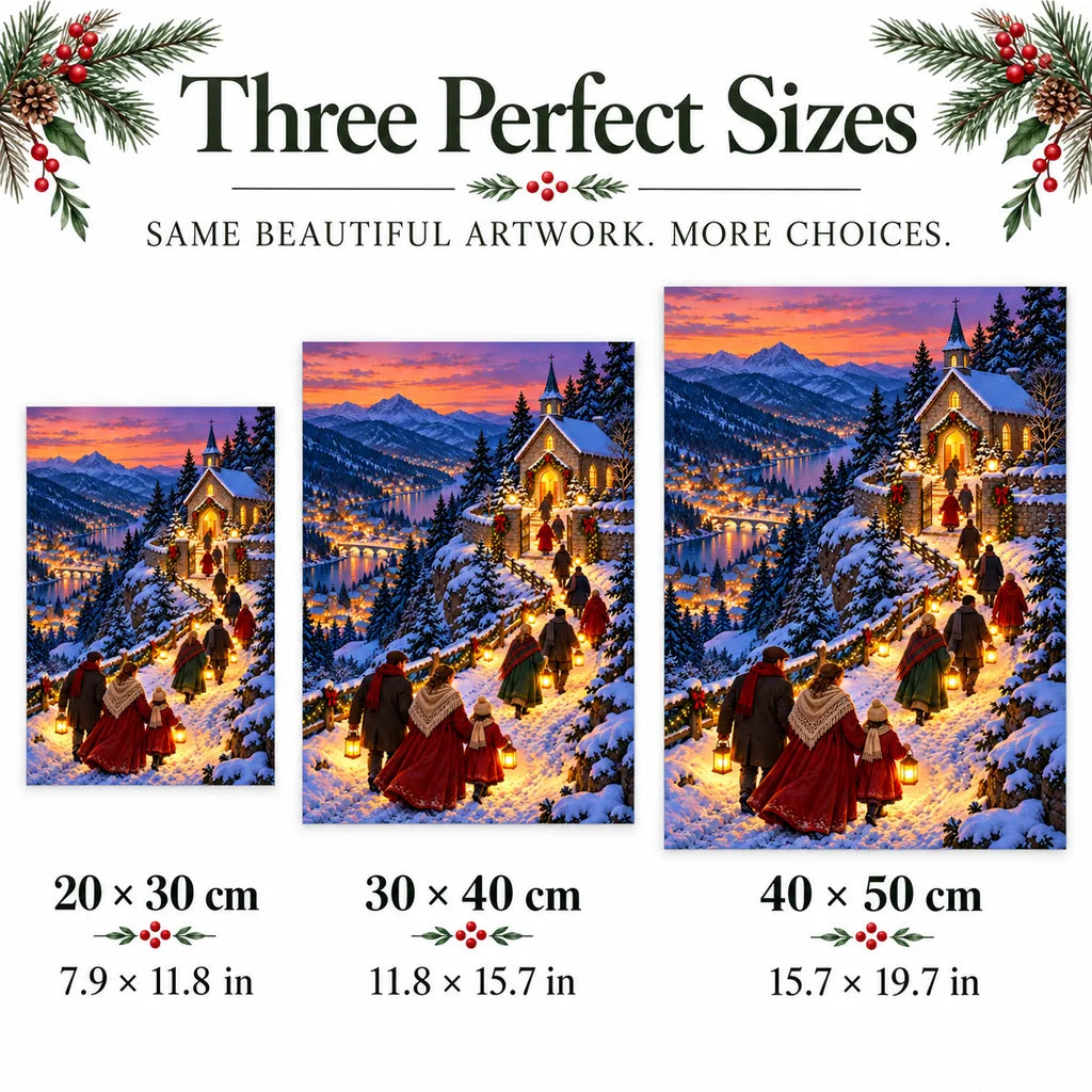 Portrait size guide for the hill chapel procession design: 20 × 30, 30 × 40, and 40 × 50 cm