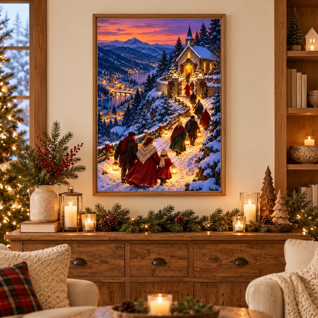 Framed hill chapel procession diamond painting displayed in a cozy winter living room