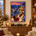 Framed hill chapel procession diamond painting displayed in a cozy winter living room