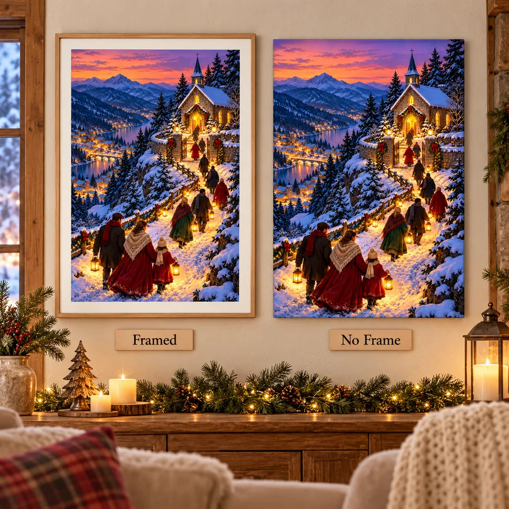 Framed and no-frame comparison for the snowy hill chapel procession diamond painting