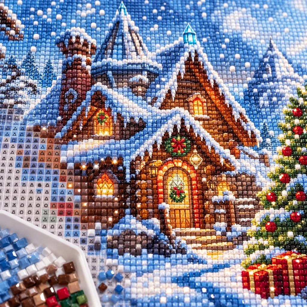 Snowy Mountain Cabin Diamond Painting Kit detail