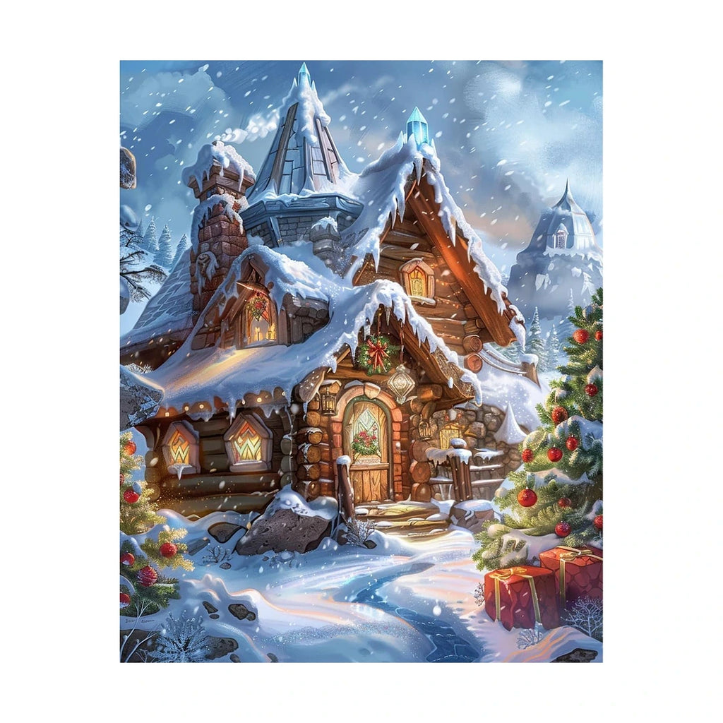 Snowy Mountain Cabin Diamond Painting Kit original artwork on white background