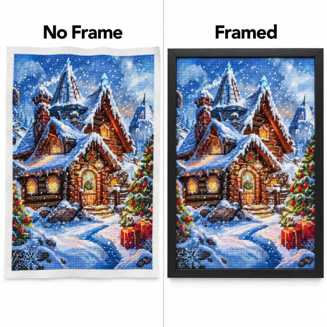 Snowy Mountain Cabin Diamond Painting Kit frame comparison