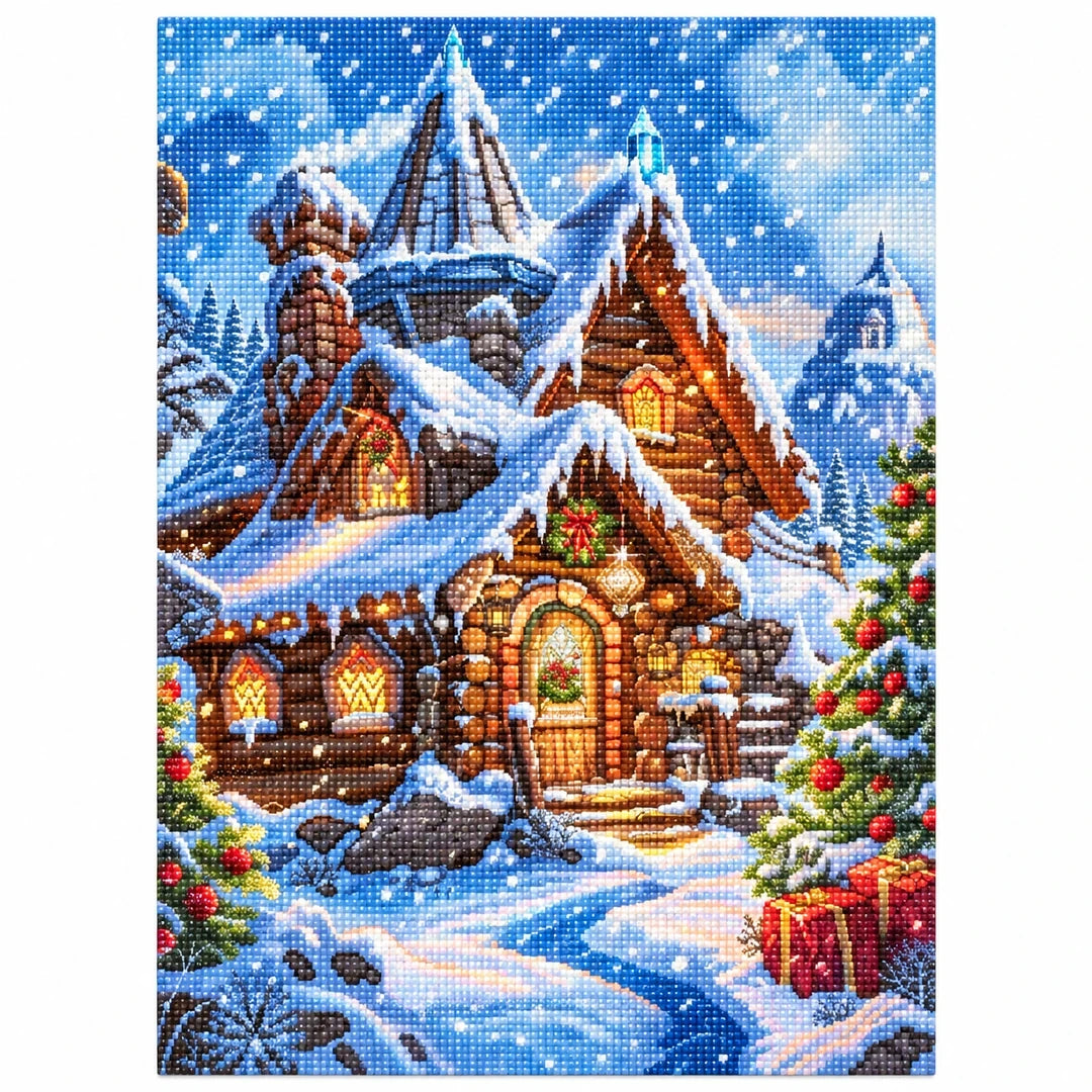 Snowy Mountain Cabin Diamond Painting Kit finished diamond artwork on white background