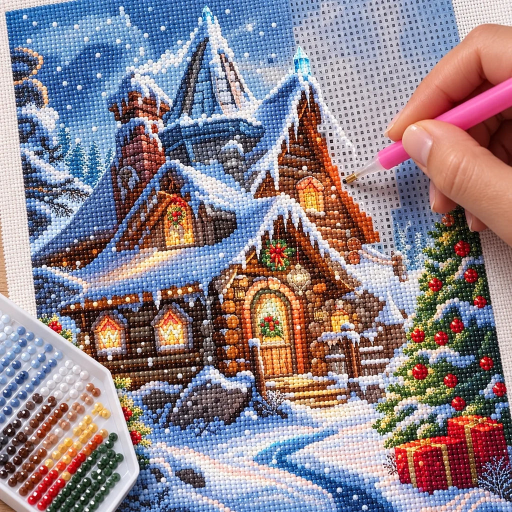 Snowy Mountain Cabin Diamond Painting Kit process