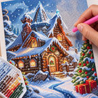 Snowy Mountain Cabin Diamond Painting Kit process