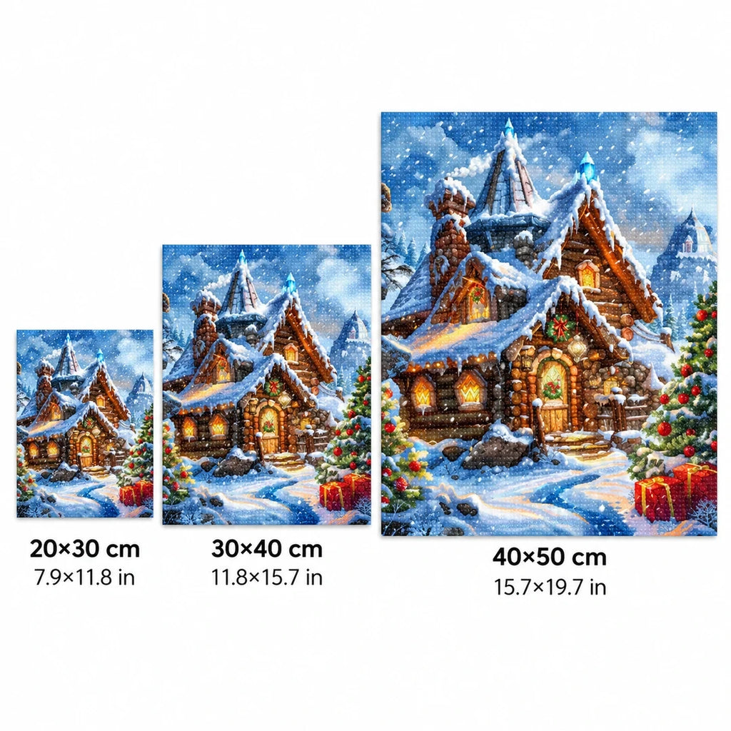Snowy Mountain Cabin Diamond Painting Kit sizes