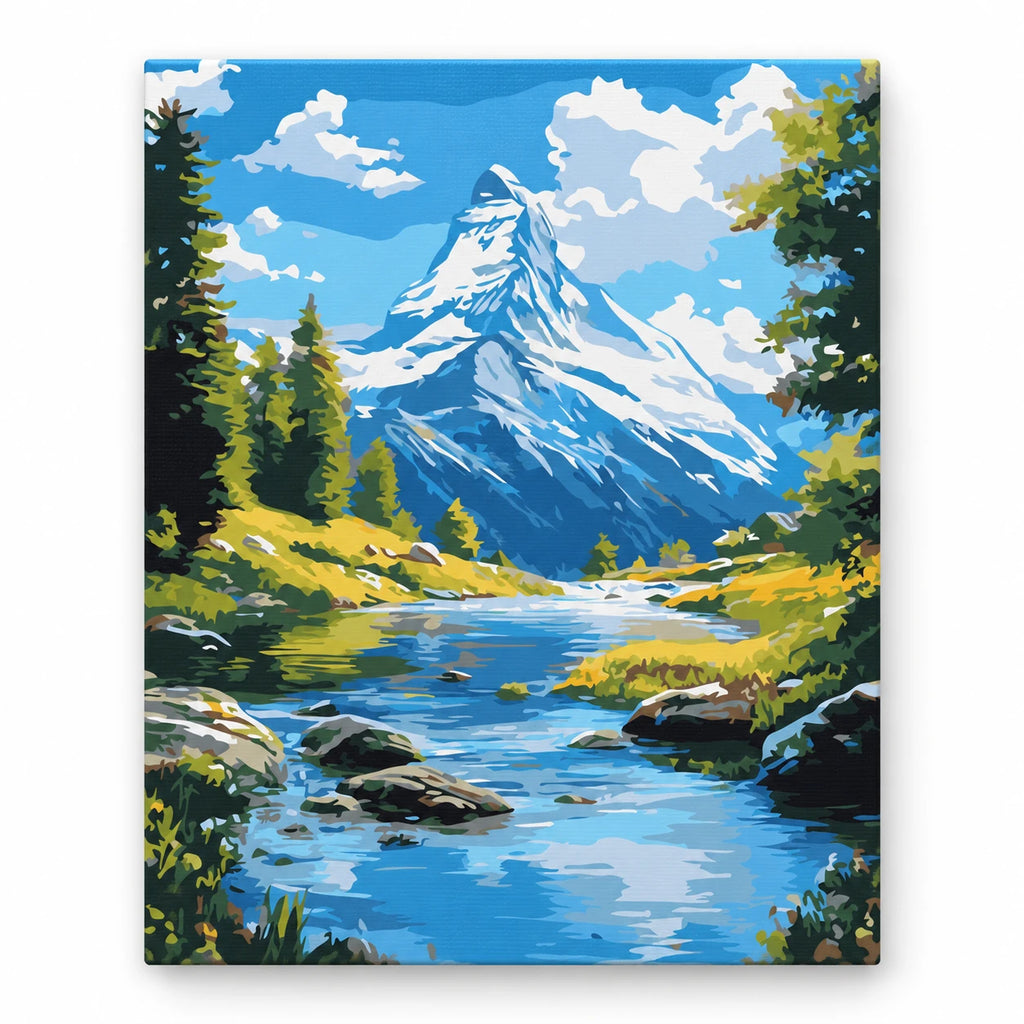 Snowy Mountain River paint by numbers artwork on a front-facing canvas against a white background