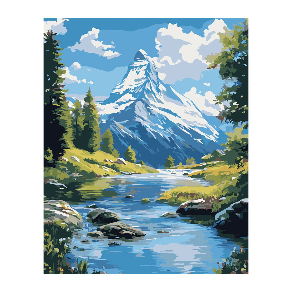Snowy Mountain River completed artwork on a clean white background