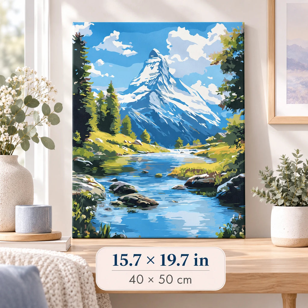 Snowy Mountain River shown in a styled room with 15.7 x 19.7 in and 40 x 50 cm dimensions