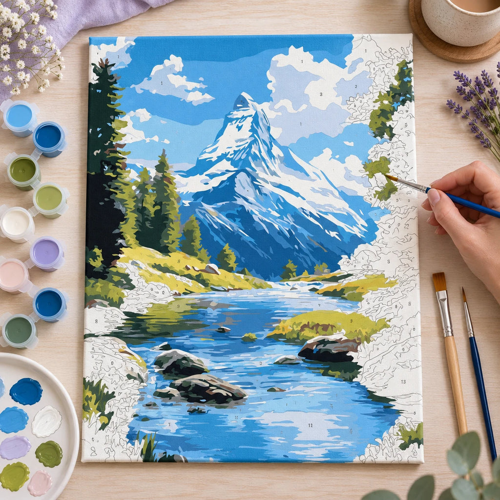 Complete Snowy Mountain River numbered canvas being painted with acrylic paints and brushes