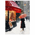 Original artwork showing a couple beneath an umbrella on a snowy Paris cafe street.