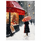 Original artwork showing a couple beneath an umbrella on a snowy Paris cafe street.