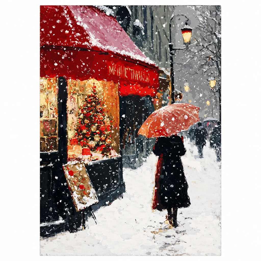 Original artwork showing a couple beneath an umbrella on a snowy Paris cafe street.