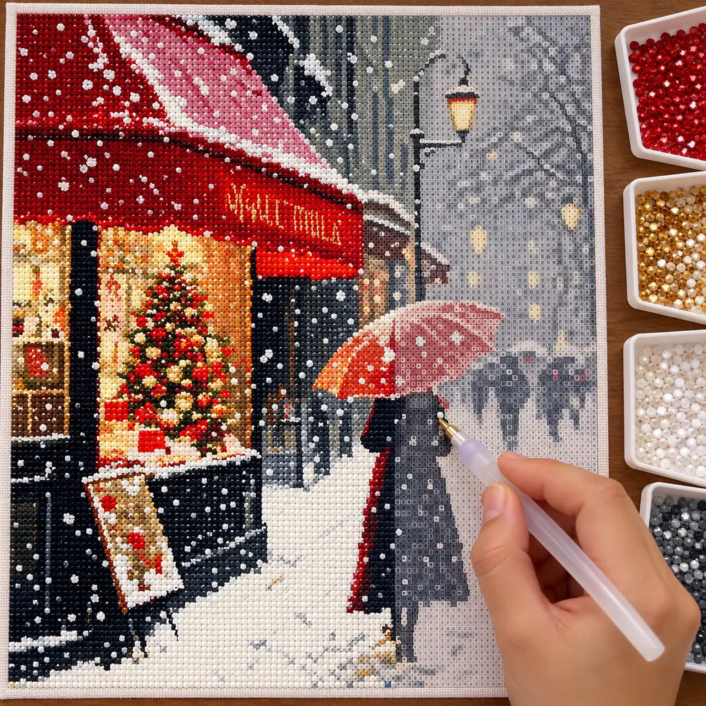 Diamond painting process for a couple beneath an umbrella on a snowy Paris cafe street.