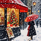Close-up of diamond drill details in a couple beneath an umbrella on a snowy Paris cafe street.