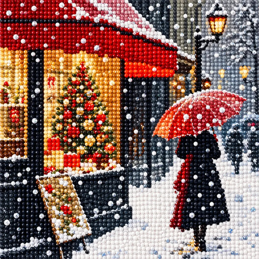 Close-up of diamond drill details in a couple beneath an umbrella on a snowy Paris cafe street.