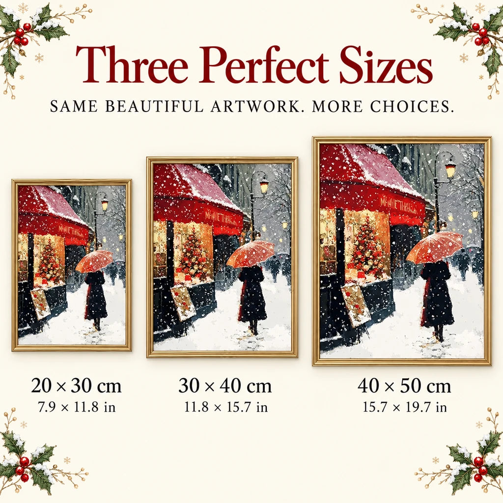 Size guide for Snowy Paris Cafe Umbrella Diamond Painting Kit: 20 × 30 cm, 30 × 40 cm, and 40 × 50 cm.
