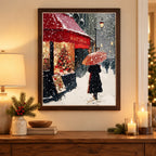 Home decor scene showing a couple beneath an umbrella on a snowy Paris cafe street displayed on a wall.
