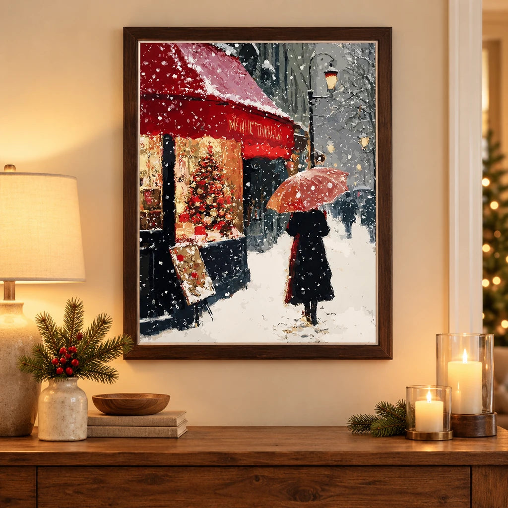 Home decor scene showing a couple beneath an umbrella on a snowy Paris cafe street displayed on a wall.