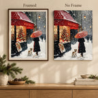 Framed and no-frame comparison for Snowy Paris Cafe Umbrella Diamond Painting Kit.