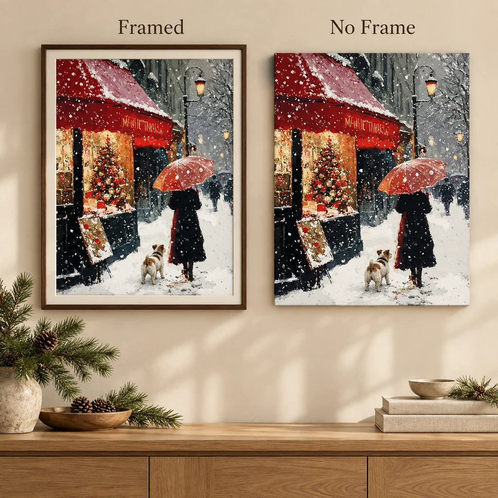 Framed and no-frame comparison for Snowy Paris Cafe Umbrella Diamond Painting Kit.