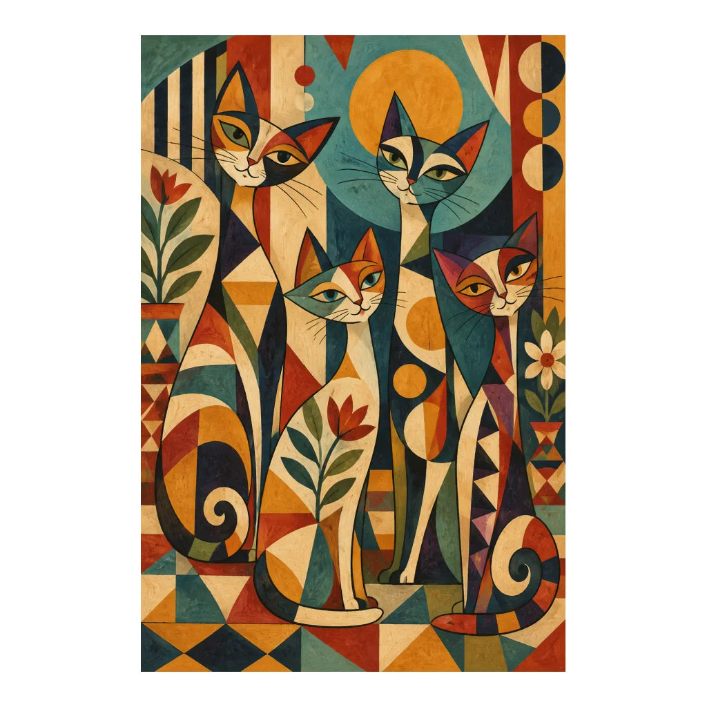 White-background original artwork of colorful cats among sunbursts, leafy motifs, and playful geometric circus patterns for a diamond painting kit