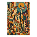 White-background original artwork of colorful cats among sunbursts, leafy motifs, and playful geometric circus patterns for a diamond painting kit