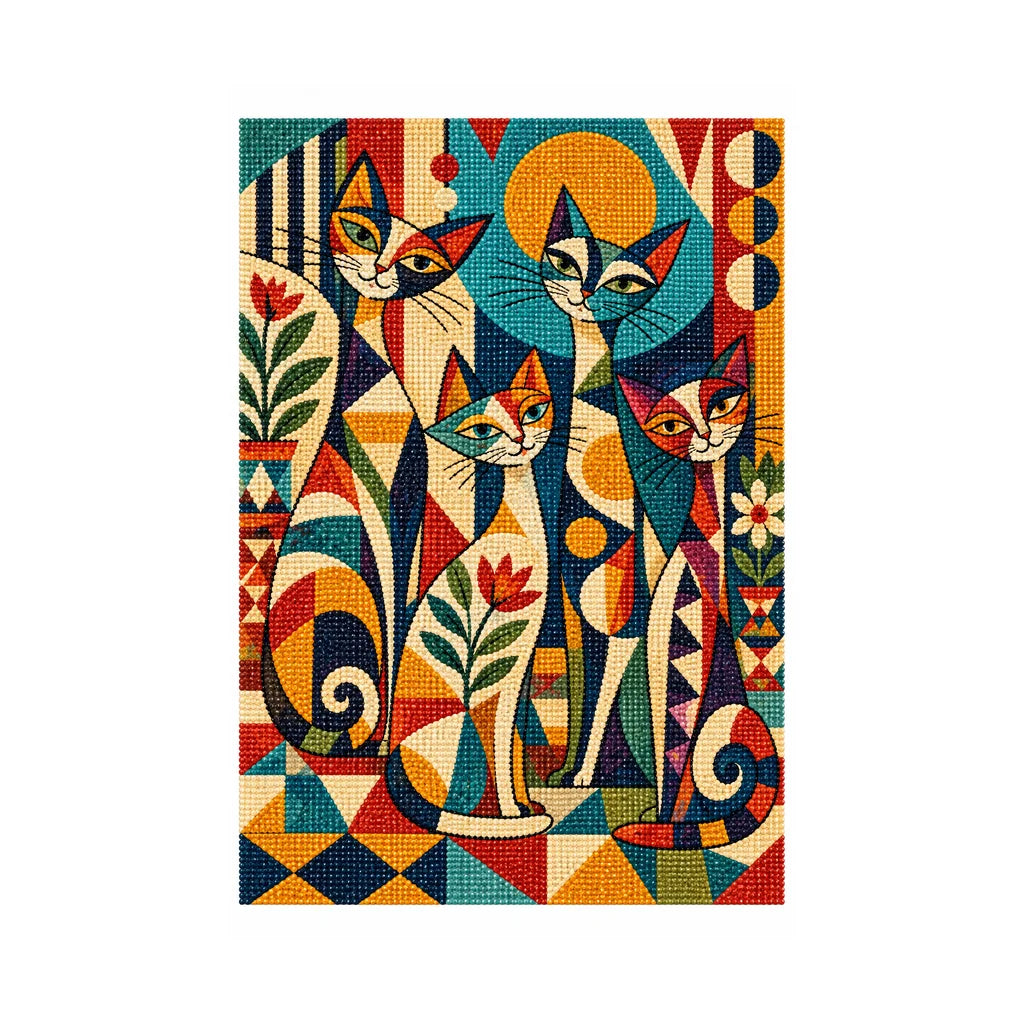 White-background finished diamond painting of colorful cats among sunbursts, leafy motifs, and playful geometric circus patterns with sparkling drills