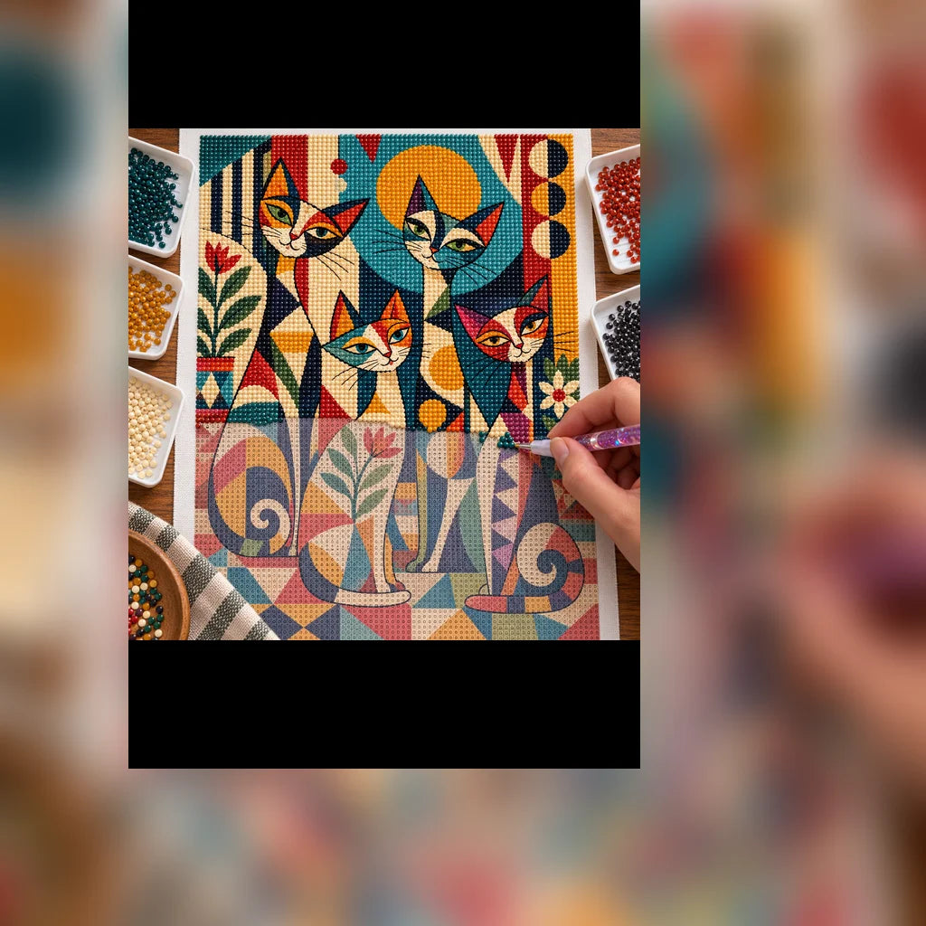 Diamond painting process showing colorful cats among sunbursts, leafy motifs, and playful geometric circus patterns being completed with a stylus