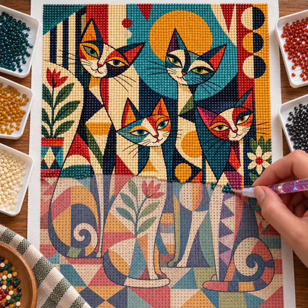 Diamond painting process showing colorful cats among sunbursts, leafy motifs, and playful geometric circus patterns being completed with a stylus