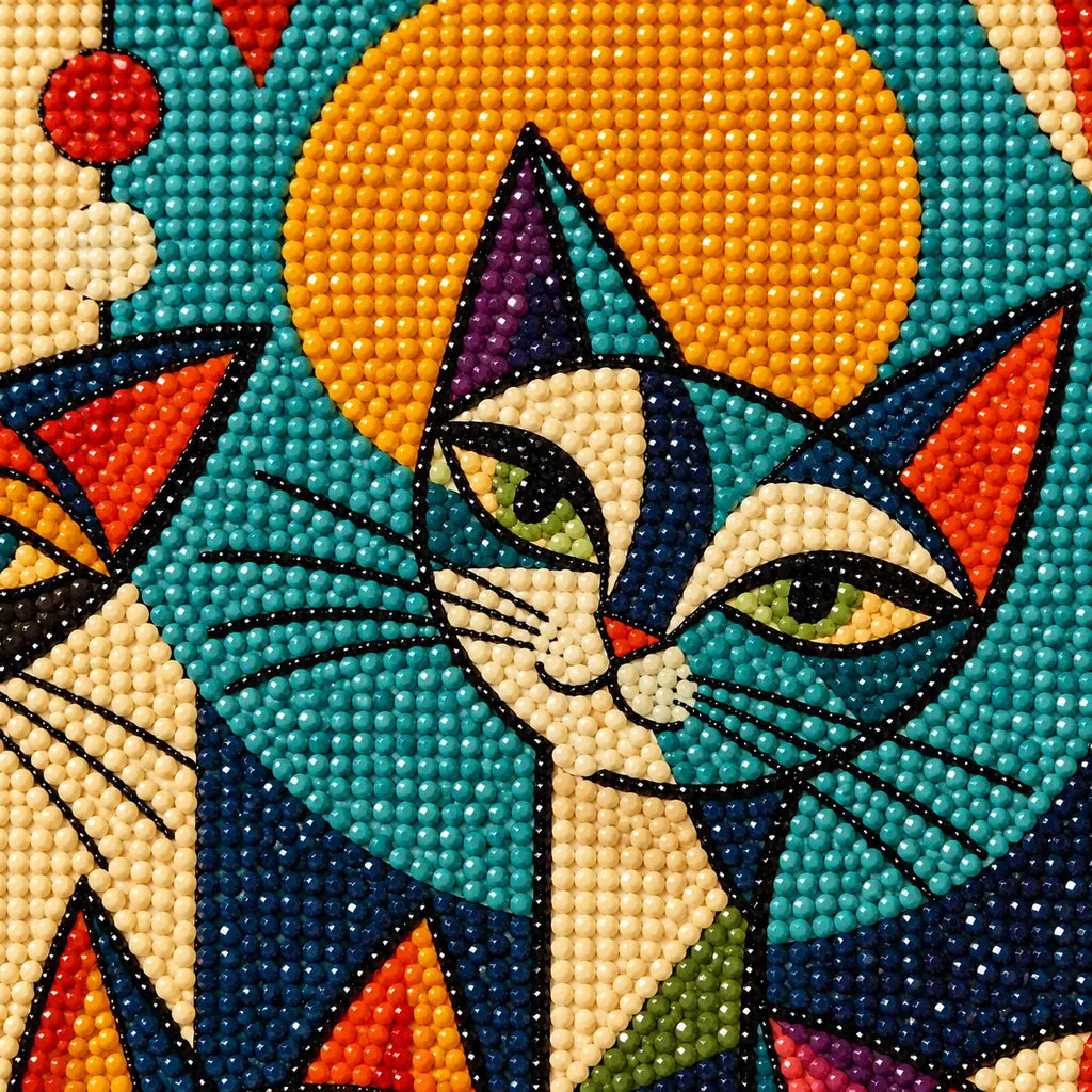 Close-up diamond drill detail of colorful cats among sunbursts, leafy motifs, and playful geometric circus patterns artwork