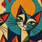 Close-up diamond drill detail of colorful cats among sunbursts, leafy motifs, and playful geometric circus patterns artwork