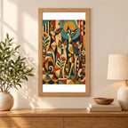 Framed colorful cats among sunbursts, leafy motifs, and playful geometric circus patterns diamond painting displayed as home decor