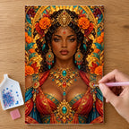 Hands placing drills on the Solar Lion Dancer diamond painting canvas