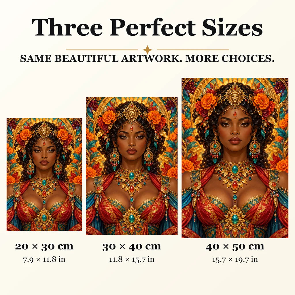 Solar Lion Dancer diamond painting in 20 by 30, 30 by 40, and 40 by 50 centimeter sizes