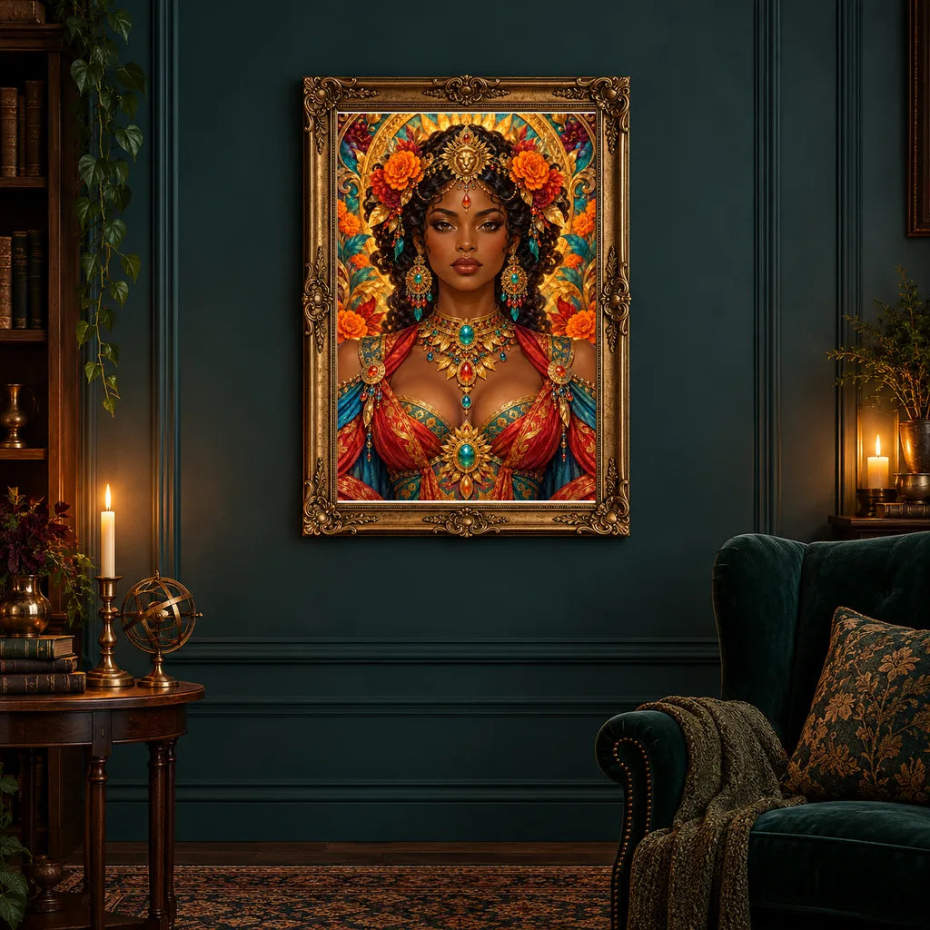 Framed Solar Lion Dancer diamond painting displayed in a home interior