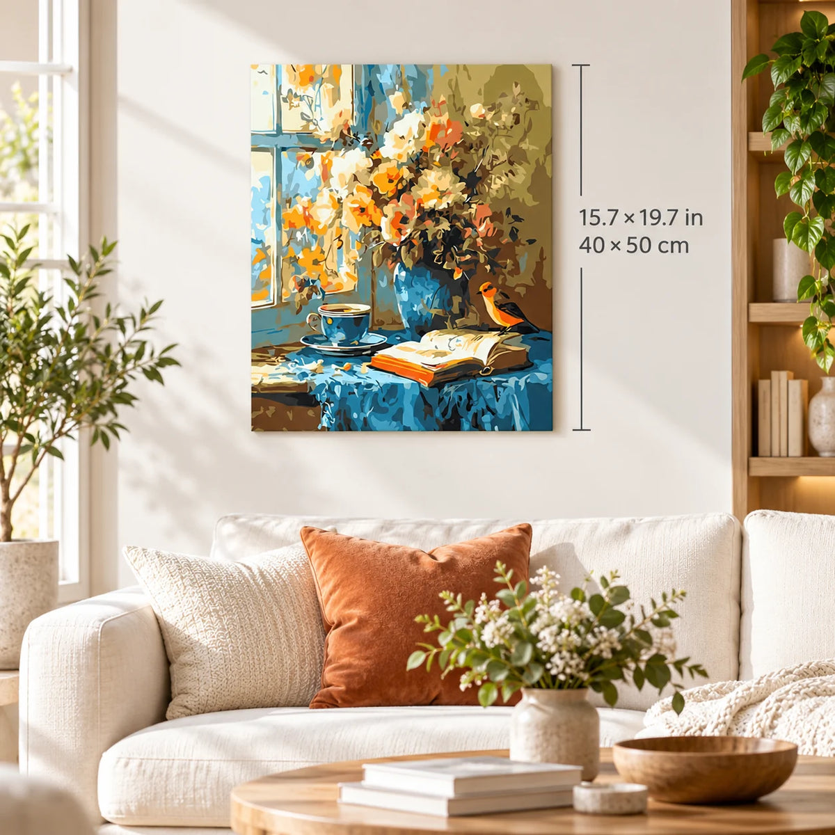 Songbird by a Sunny Window shown in a styled room with 15.7 × 19.7 in and 40 × 50 cm dimensions