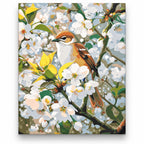 Songbird among White Blossoms paint by numbers artwork on a front-facing canvas against a white background