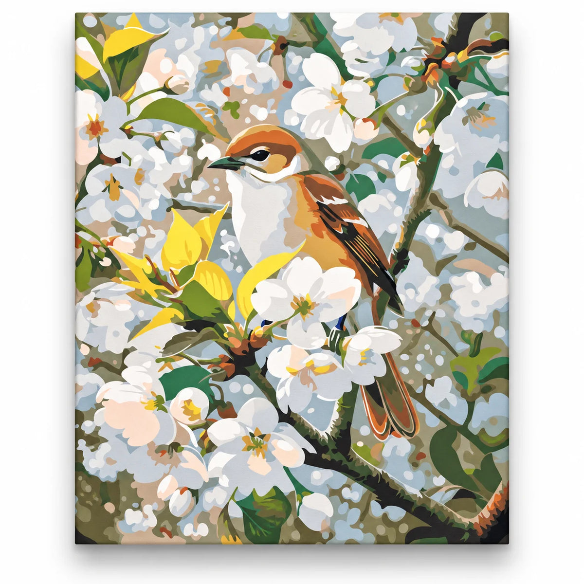 Songbird among White Blossoms paint by numbers artwork on a front-facing canvas against a white background