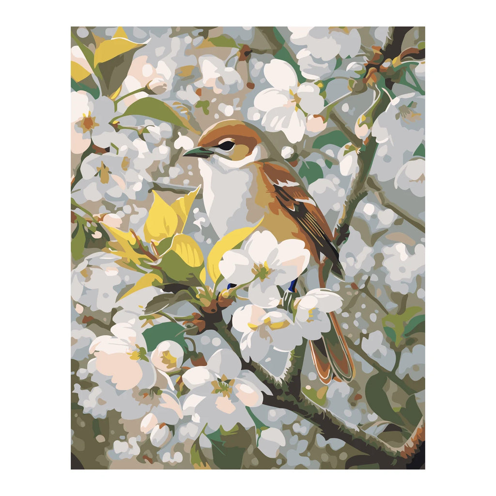 Songbird among White Blossoms completed artwork on a clean white background