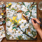 Complete Songbird among White Blossoms numbered canvas being painted with acrylic paints and brushes