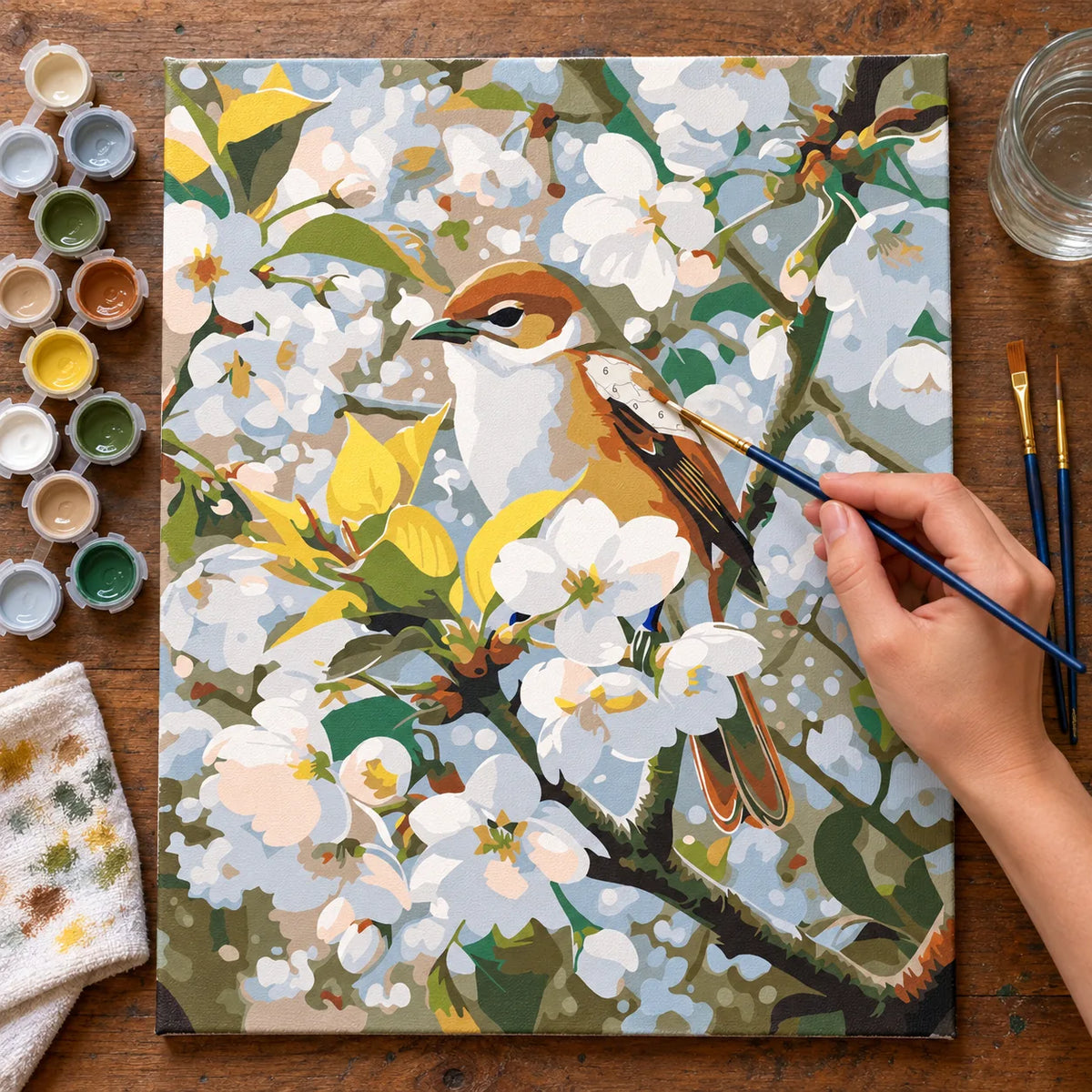 Complete Songbird among White Blossoms numbered canvas being painted with acrylic paints and brushes