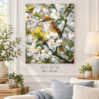Songbird among White Blossoms shown in a styled room with 15.7 × 19.7 in and 40 × 50 cm dimensions