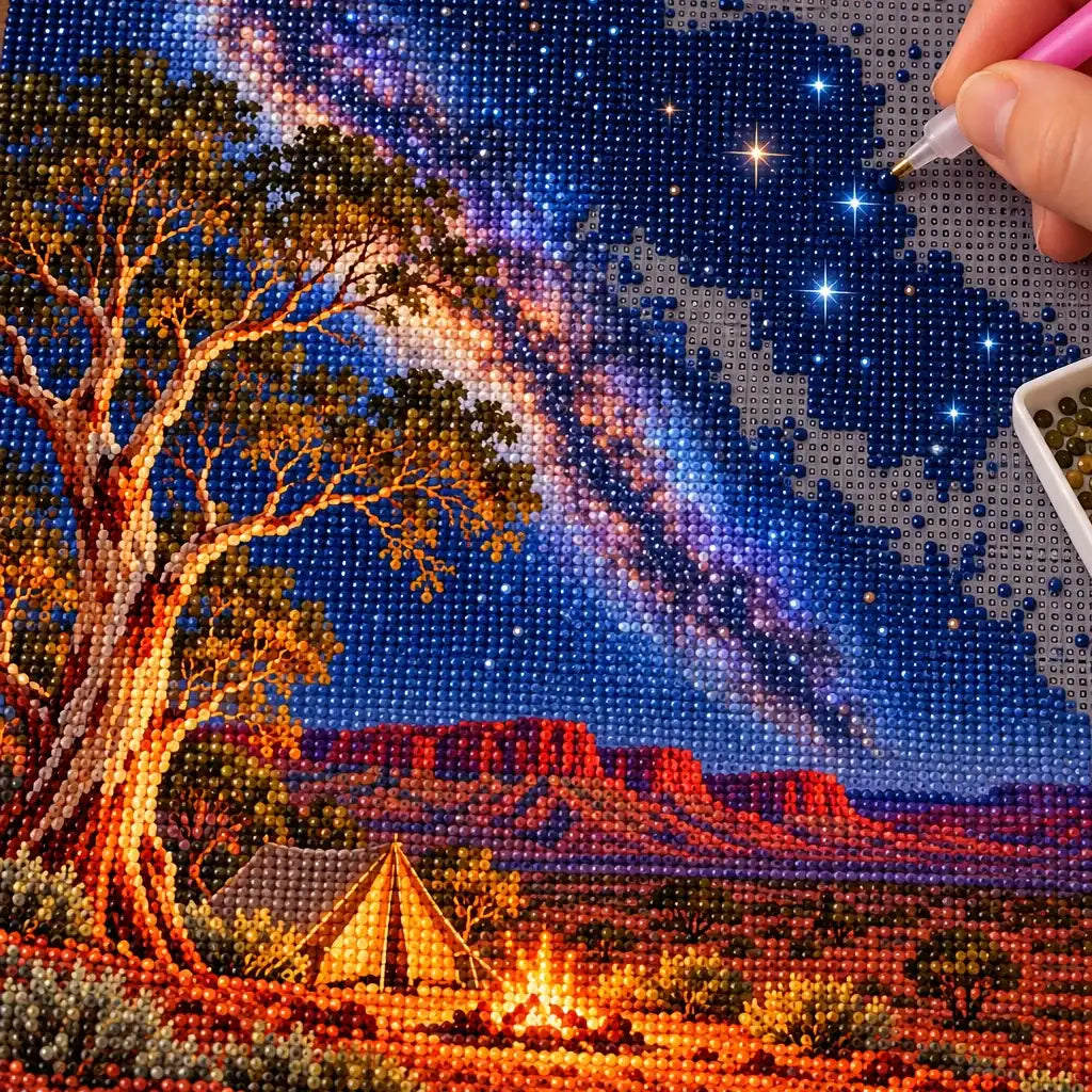 Hands placing diamond drills on the Southern Cross Outback design.