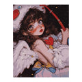 White-background original artwork of a winged space girl holding a red heart beneath a starry sky