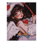 White-background original artwork of a winged space girl holding a red heart beneath a starry sky