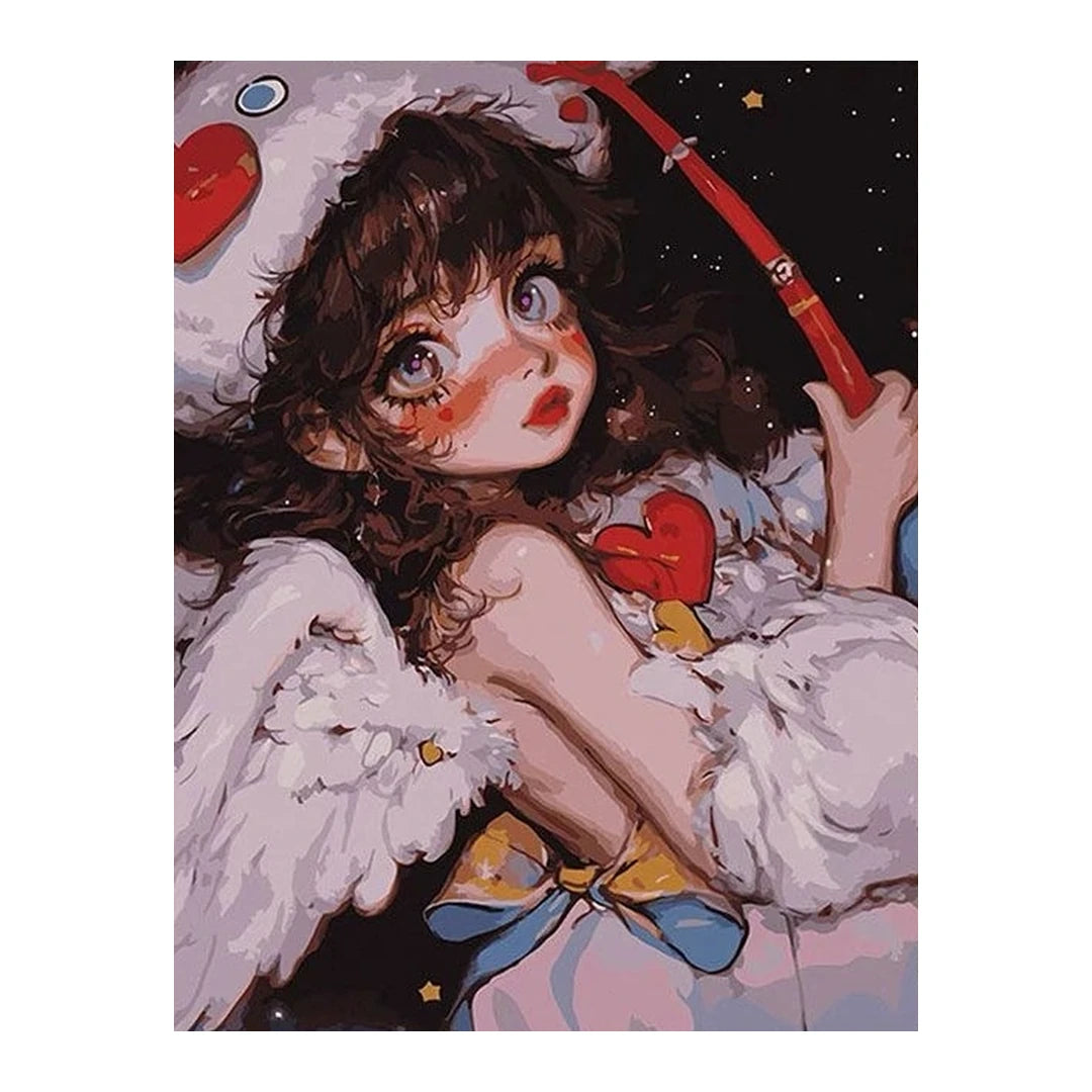 White-background original artwork of a winged space girl holding a red heart beneath a starry sky