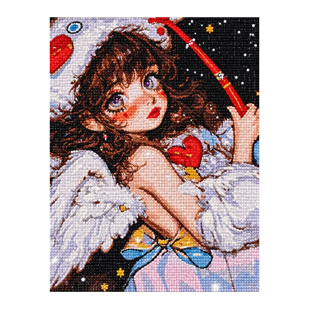 White-background diamondized artwork of a winged space girl holding a red heart beneath a starry sky